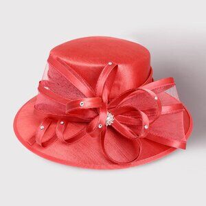 Coral Elegant Dressy Hat Ribbon Rhinestone Accent Derby Church Hat